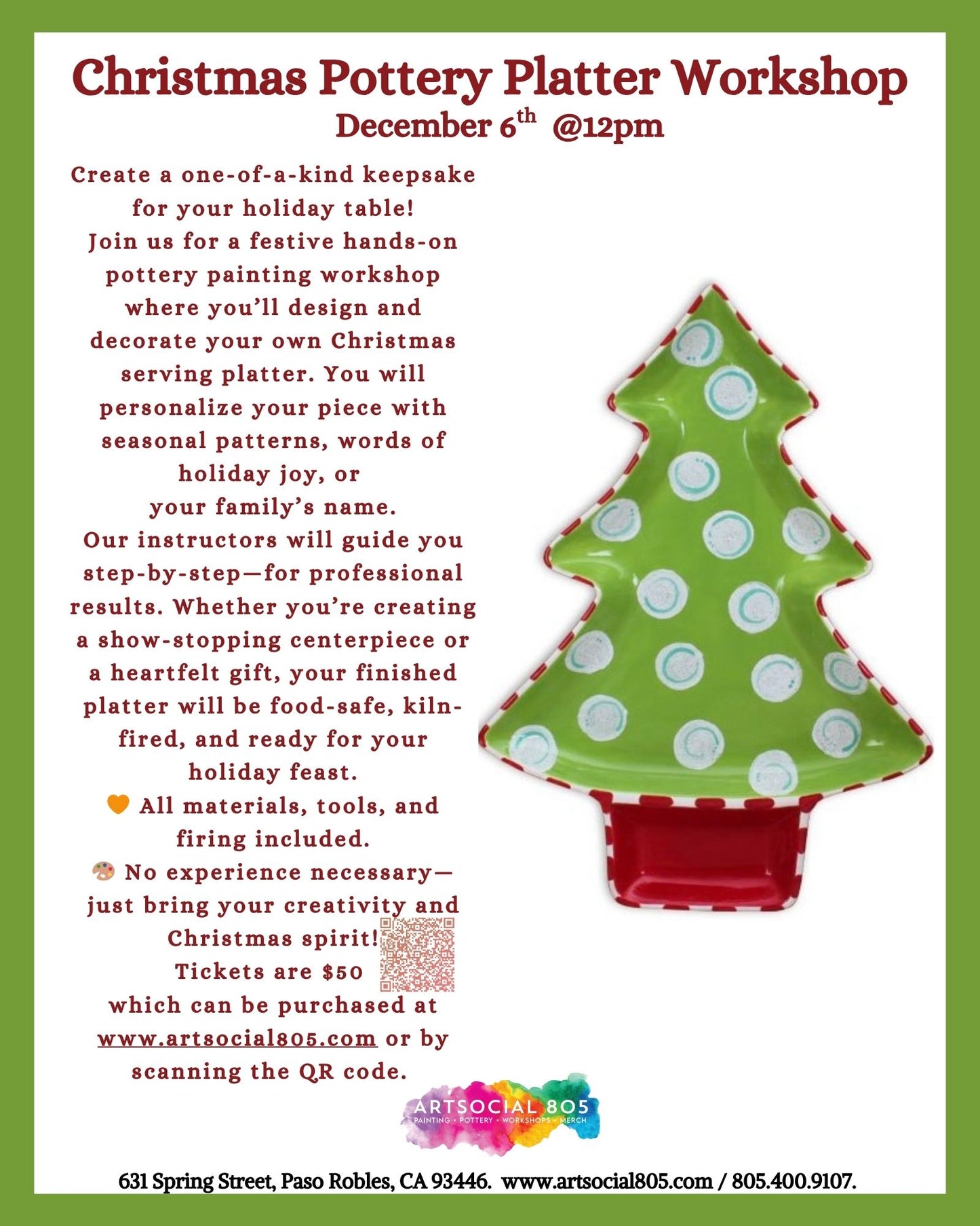 Cookies for Santa Pottery Platter or Christmas Pottery Platter Workshop at ArtSocial 805