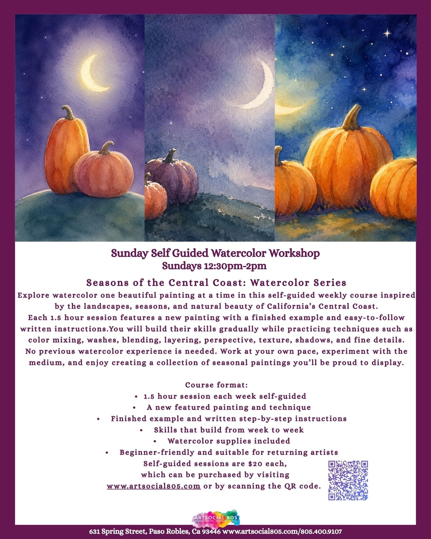 Sunday Self Guided Watercolor Workshop at ArtSocial 805